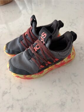 adidas Kids Gray Sneaker with Red Accents and Yellow-Red Marbled Sole